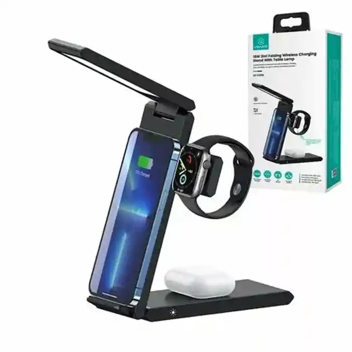 USAMS US-CD181 15W 3 in 1 Folding Wireless Charging Stand With Table Lamp